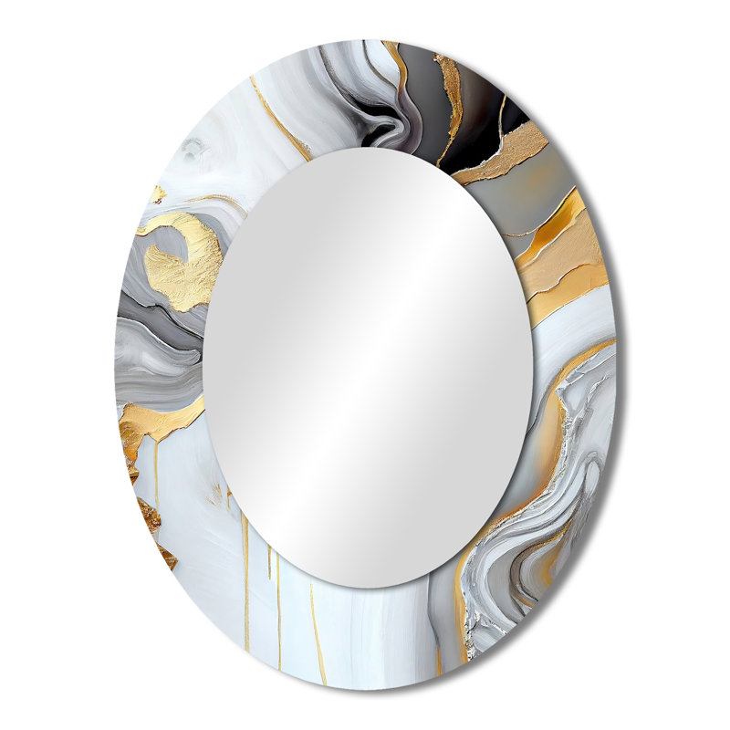 White And Gold Marble Abstract II - Large Oval Wall Mirror On Metal, 43" x 33"