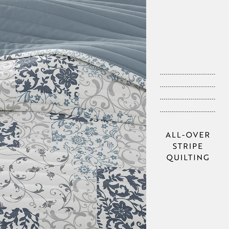 Quilt Coverlet Set All Season Patterned Reversible Microfiber Ultra Soft Bedding in Patchwork, Blue