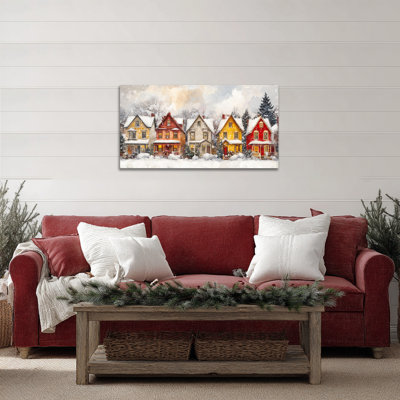 Art mural sur toile de Noël GUTTATY, peinture murale de maisons d'hiver festives, impressions sur toile des Fêtes enneigées, décoration murale de Noël pour le salon, la chambre à coucher, le bureau, l'intérieur, 48 po x 24 po