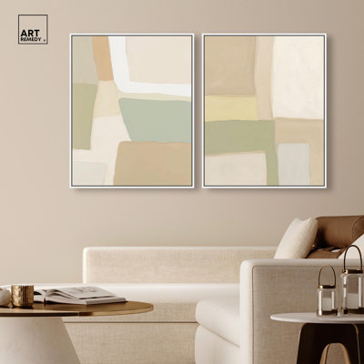 Soft Dunes Harmony Pair Canvas Print Abstract Wall Art Set by Art Remedy, White Frame, 24 x 30