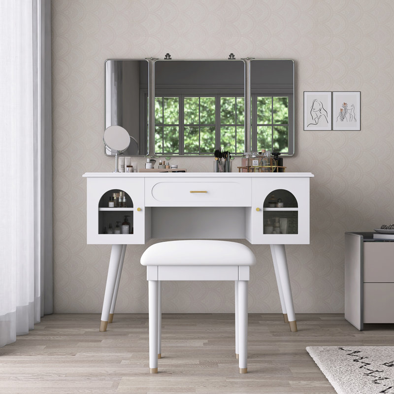 Elegant Vanity Makeup Table & Chair Set, White