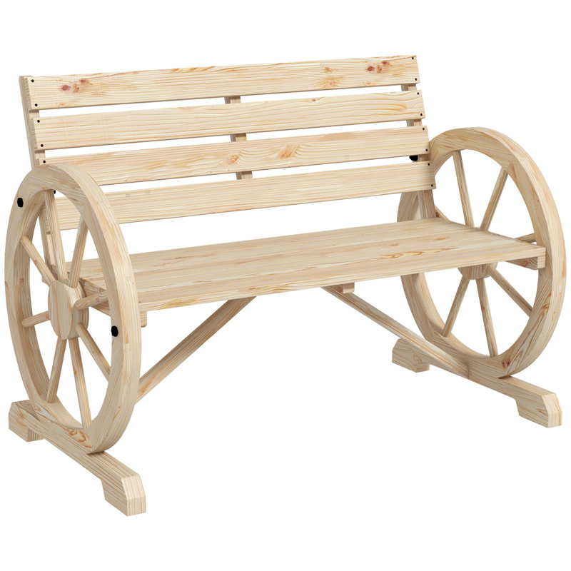 This two-seater garden bench features a rustic wooden bench for two people
