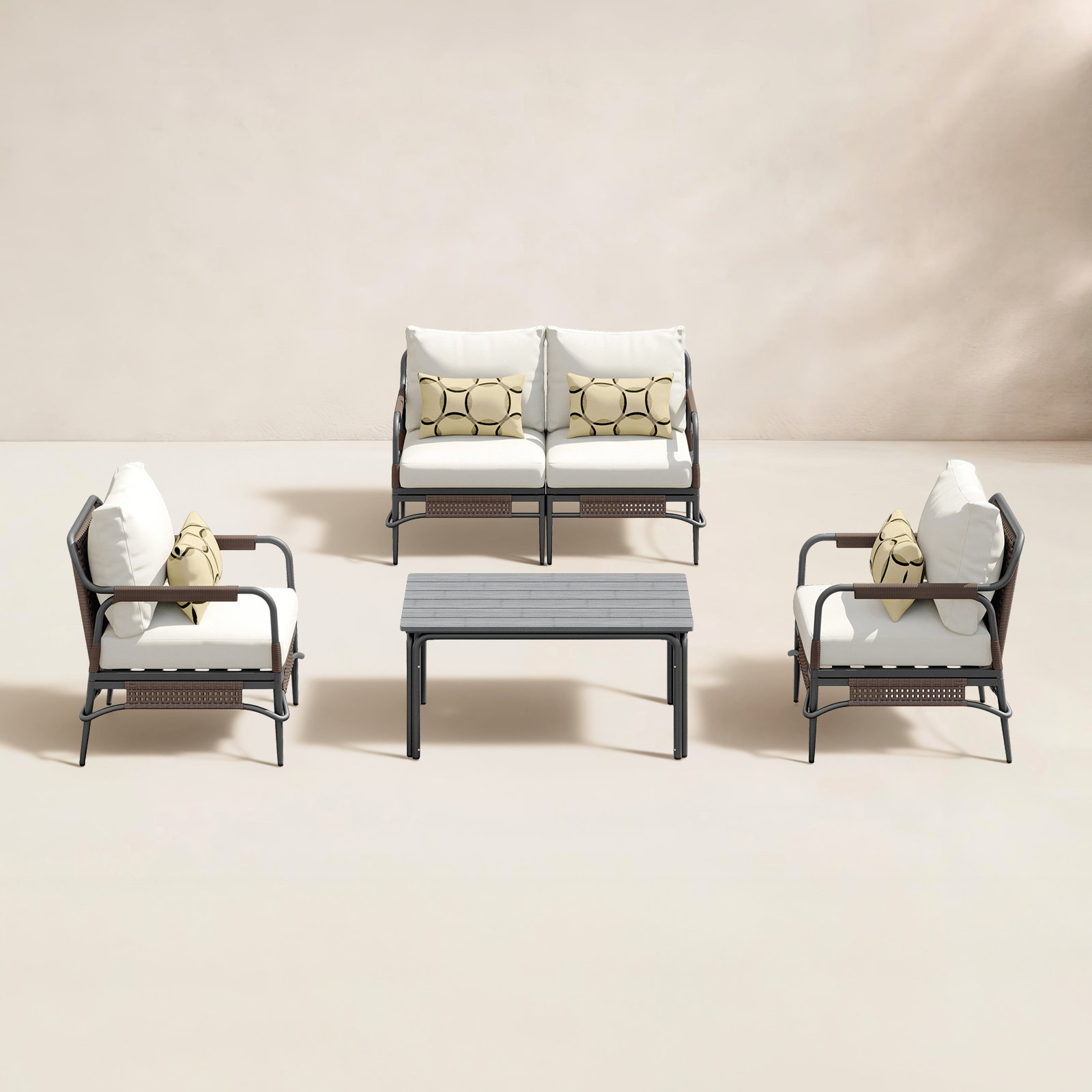 Hope 4 Piece Sofa Seating Group with Cushions, Dark Gray Frame/Beige Polyester Cushion
