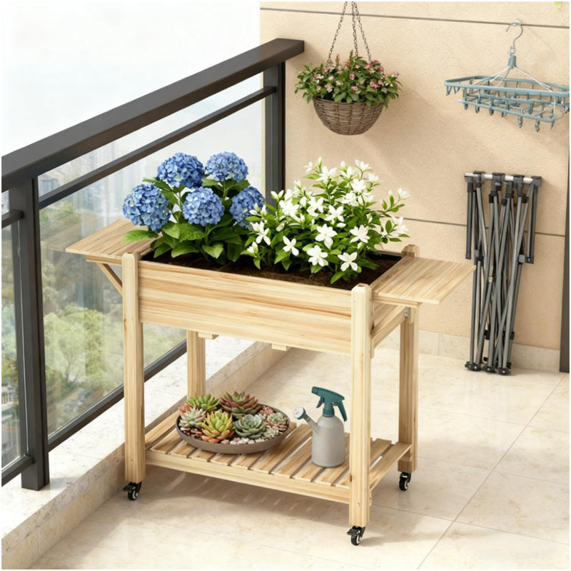 Lit de jardin surélevé Optimal, boîte à fleurs surélevée en bois, avec roues verrouillables, tables d'appoint, tablette inférieure, trous de drainage