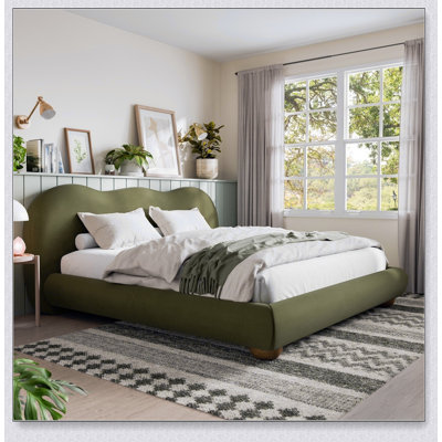 1Pc Eastern Bed Boucle Upholstered Round Bun Wood Feet Bedroom Furniture