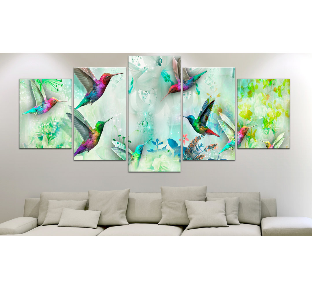 Leinwandbild - Colourful Hummingbirds (5 Parts) Wide Green