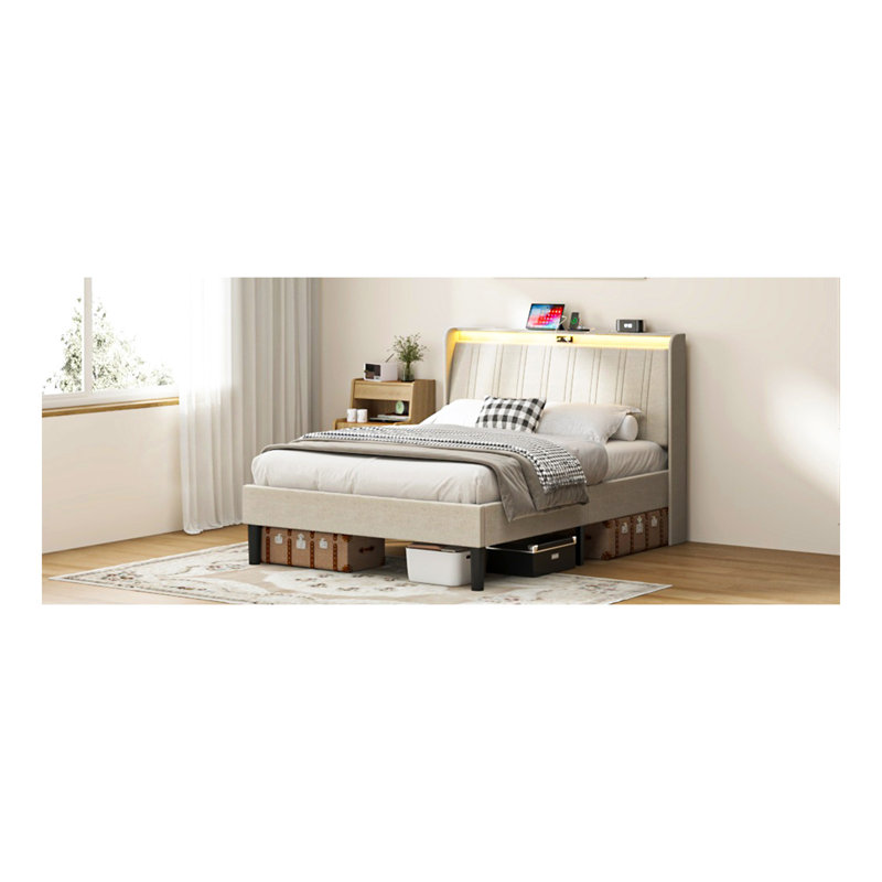 Structure de lit plateforme double avec tête de lit tapissier en tissu et support de lattes en bois