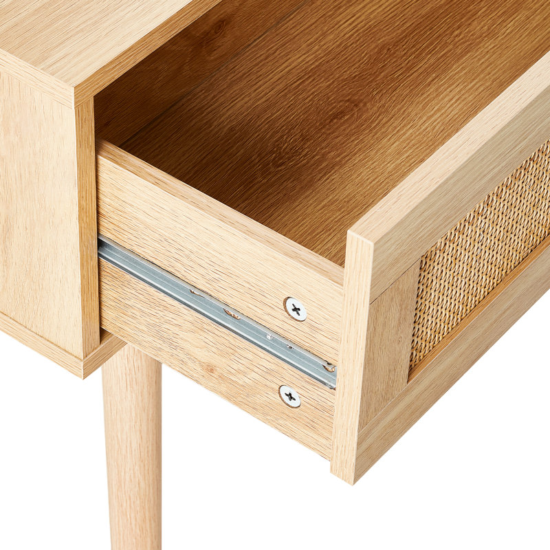 Console en rotin avec 2 tiroirs de rangement, table d'entrée en rotin avec porte coulissante en rotin naturel, table console pour salon, bureau, entrée ou mur de télévision, naturel