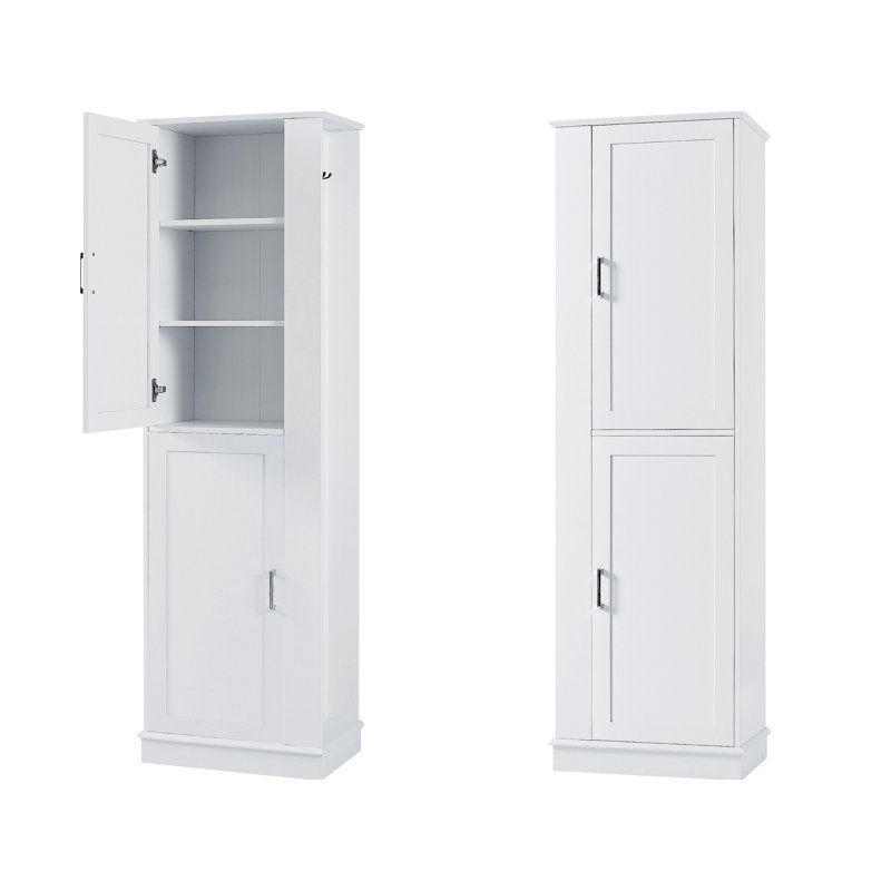 Grande armoire de rangement pour salle de bain, armoire de rangement autoportante avec crochet et tablette réglable, panneau de fibres à densité moyenne