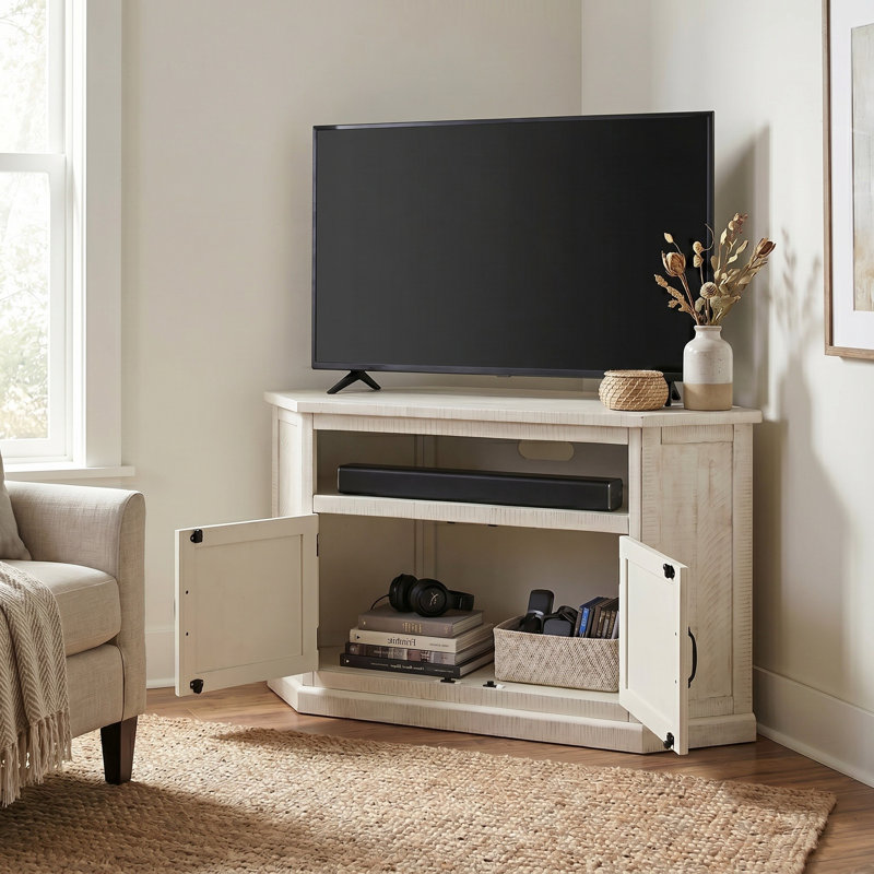 Meuble télé d'angle coin en bois massif 50 po avec rangement Kinsella, Blanc antique