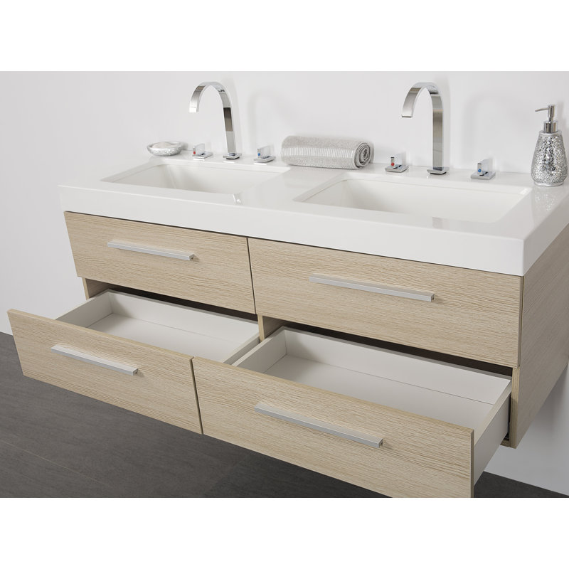 1400mm Wall Mounted Double Sink Vanity Unit, Beige