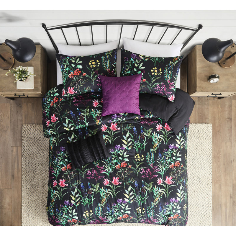 Édredon 5 pièces noir double / grand, magnifique imprimé botanique, 2 coussins décoratifs, taies décoratives assorties, lavable à la machine double / grand, noir, ornement imprimé, rembourrage,