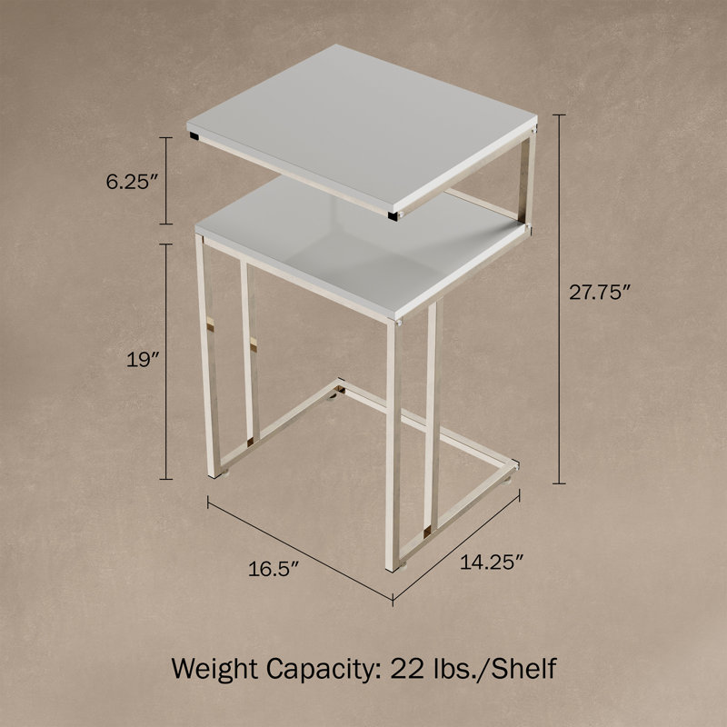 Table de bout à 2 niveaux Iriel - Canapé en forme de C avec deux tablettes - Support contemporain en métal chromé - Tables de salon et de chevet