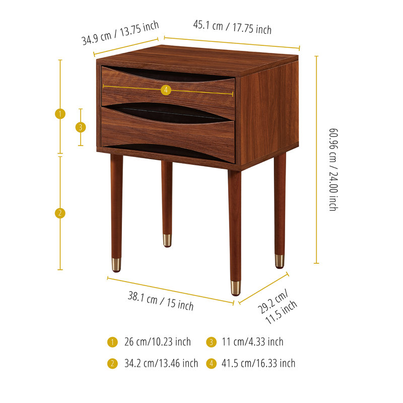 Walnut and Brass Rectangular Side Table with Storage