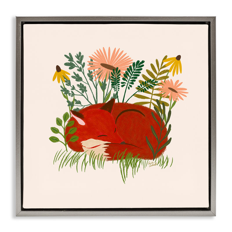  «Sleeping Fox parmi les marguerites» par Carrie Cantwell, H 25 po x l 25 po, Cadre flottant gris lustré