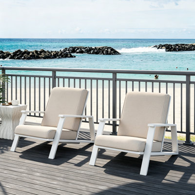 Ensemble de 2 chaises longues pour patio, fauteuil club d'extérieur avec coussin beige et structure en bois d'acacia blanc durable