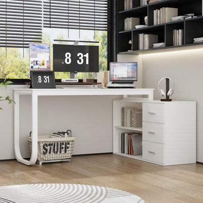140cm Rotating L-Shaped Desk with 3 Drawers & Storage Shelves - Reversible Home Office Corner Desk