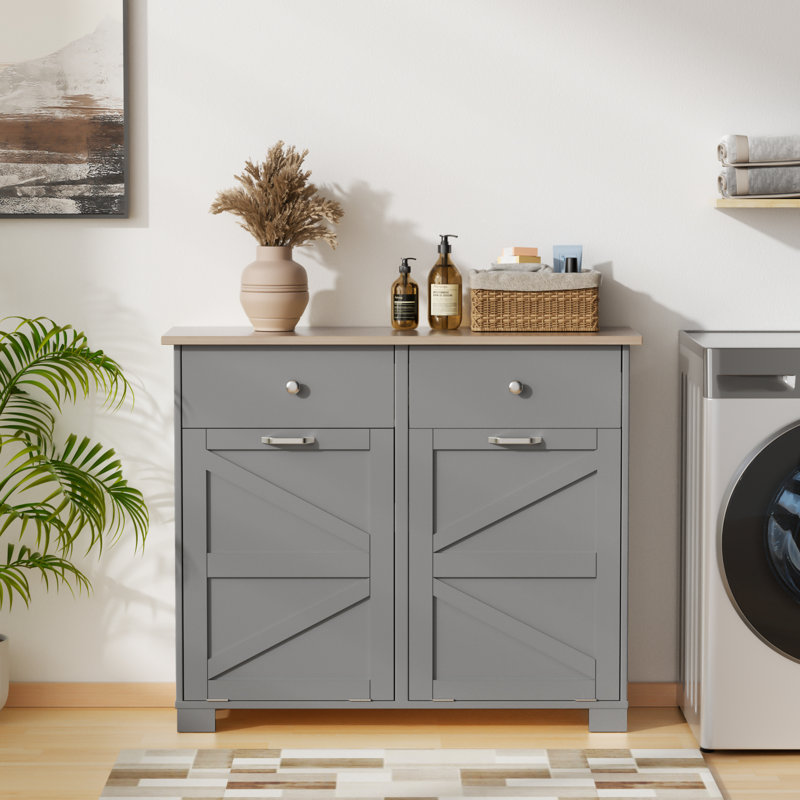 Double Tilt Out Trash Cabinet 10 Gallons Wooden Free Standing(Not include trash can), Grey