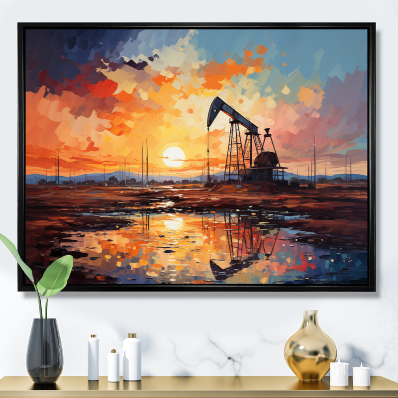 «Orange Oil Rigs Pumpjack In Texas II», art mural «Oil Rigs / Fields», Cadre flottant noir, H 16 po x l 32 po x P 1 po