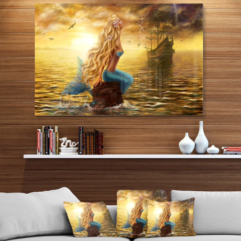 Sea Mermaid with Ghost Ship - impression d'art graphique, Métal métal, H 34 po x l 44 po x P 1 po