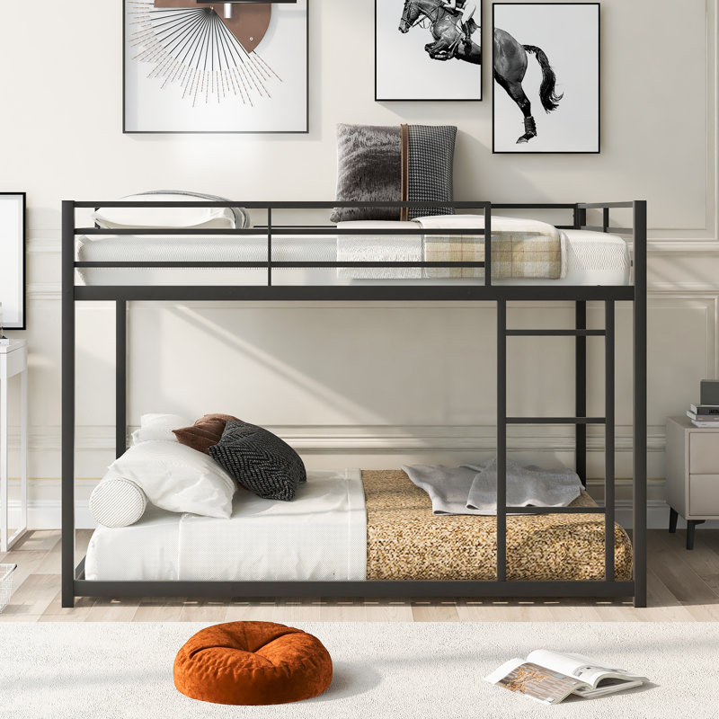 Full Over Full Metal Bunk Bed, Low Bunk Bed With Ladder, Black, Full Over Full, Black