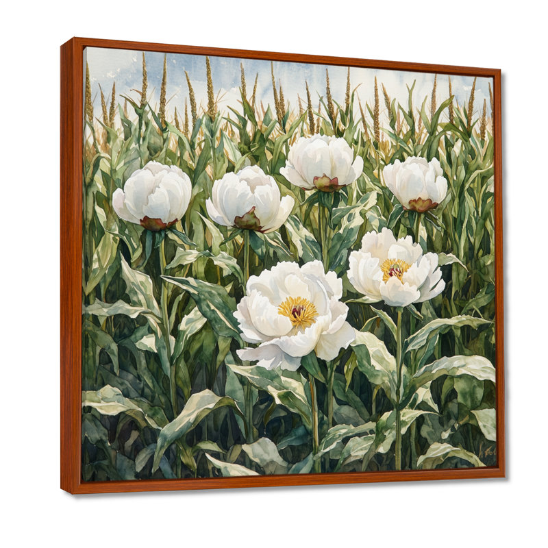 Été pivoines dans le champ de maïs I - pivoines, art mural, H 16 po x l 16 po, Impression encadrée flottante, Brun