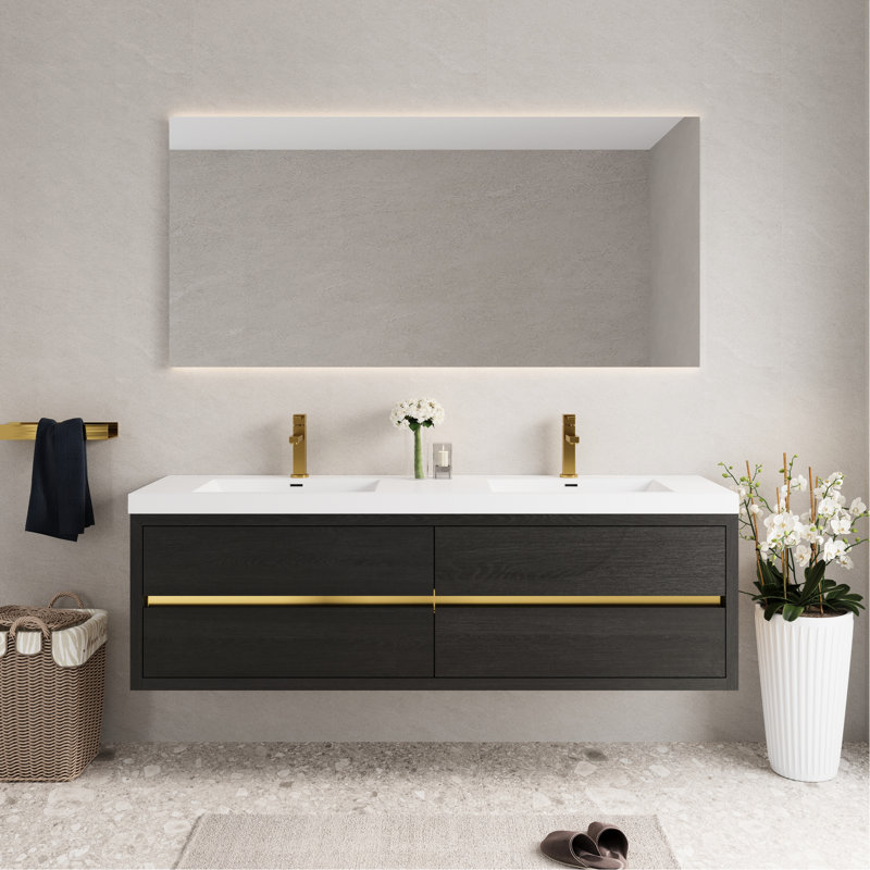 Meuble-lavabo flottant mural 72 po avec lavabo et comptoir en résine de pierre, tiroirs à fermeture en douceur, bois, pré-assemblé pour une installation parfaite, rangement pour cosmétiques organisé, faible absorption d'eau