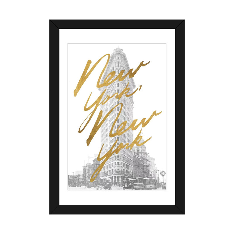 « gilded new york », art textuel sur toile tendue, H 24 po x l 16 po x P 1 po, Papier d'art encadré noir, Blanc