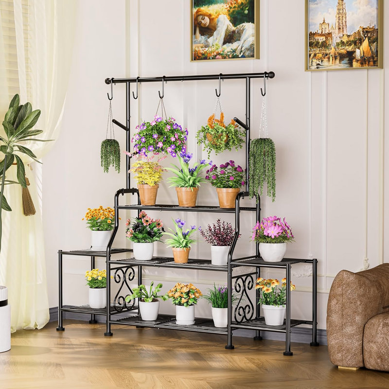 Support pour plante d'intérieur et d'extérieur en métal robuste, support noir antirouille avec crochets et pieds réglables pour plantes multiples