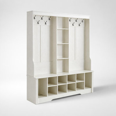 Meuble d'entrée 3 en 1 avec banc et rangement à chaussures, banc d'entrée avec porte-manteau, unité de rangement multifonctionnelle avec compartiments à chaussures réglables, crochets de suspension et étagères ouvertes