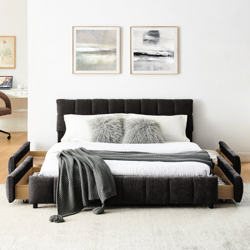 Grand lit moderne avec tiroir de style moderne et confortable gris foncé rembourré, Gris foncé