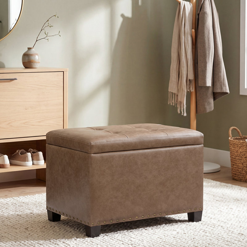 22" Upholstered Storage Ottoman With Reversible Tray Top, Brown Faux Leather