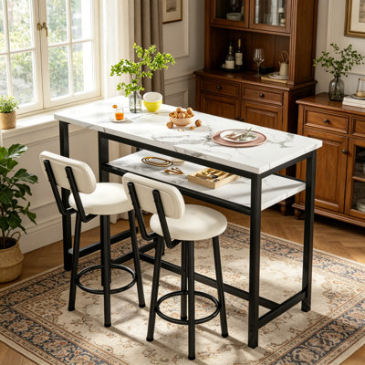 Ensemble de table de bar à hauteur de comptoir Modern Glam avec tablettes de rangement latérales, table de pub en marbre et en bois avec 2 tabourets de bar rembourrés, 5 combinaisons de couleurs complètes, coin repas en métal pour les petites cuisines et les bars à domicile