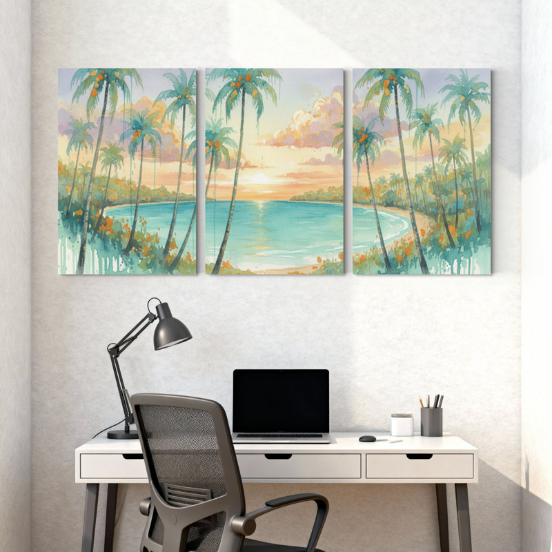 Palmiers, palmiers tropicaux, coucher de soleil, ensemble de 3 impressions sur toile, H 24 po x l 48 po