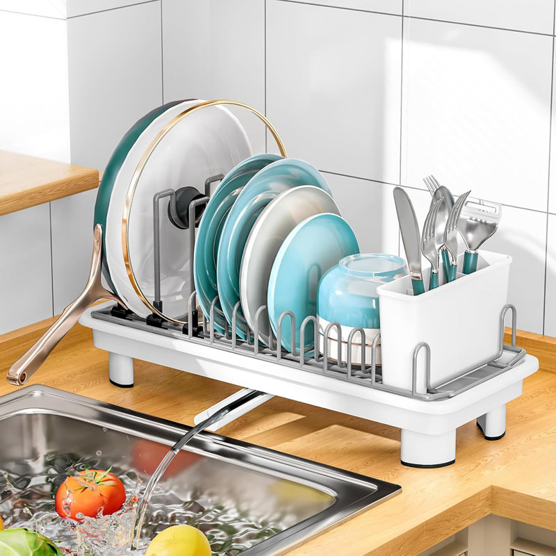 Séchoir à vaisselle compact et compact pour comptoir de cuisine avec porte-couverts amovible, Blanc