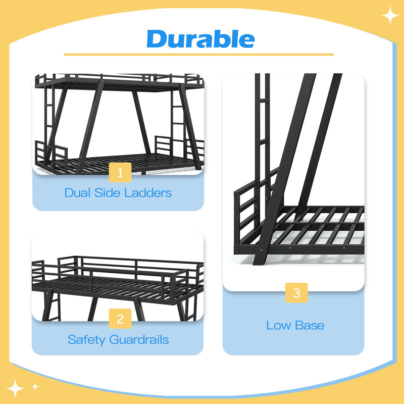 Metal Bunk Bed with Spdcial Support Leg Design, Low Profile Bunk Bed, Twin Over Twin