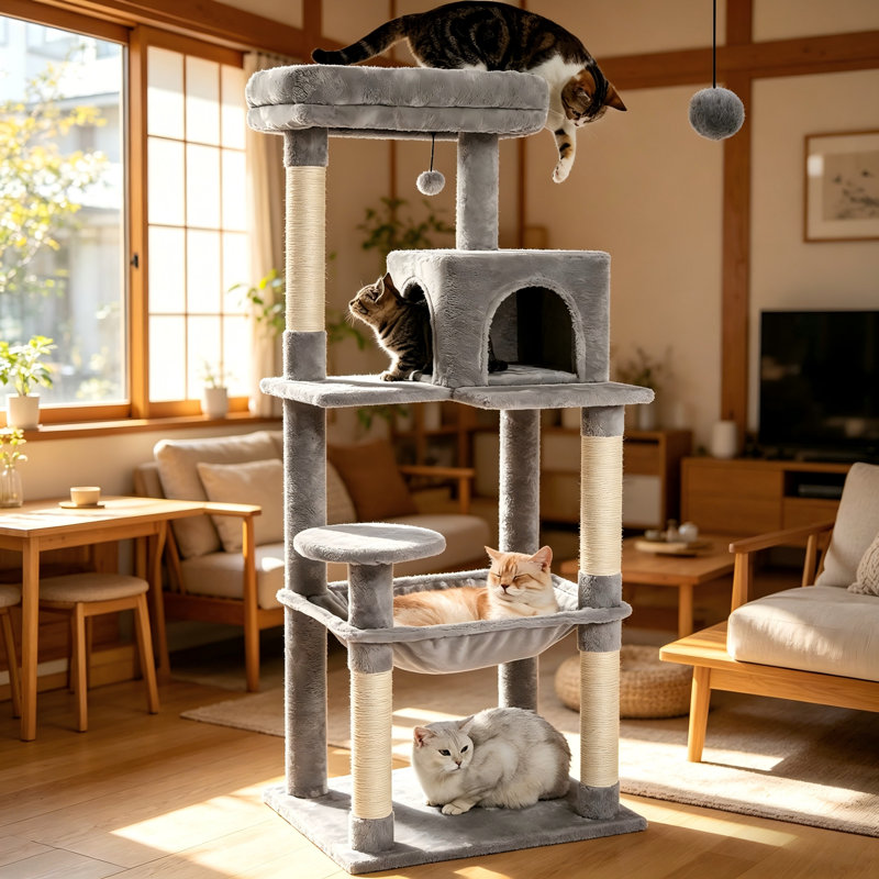 Grand arbre à chat gris de 56 pouces, un luxueux appartement pour chat avec poteaux à griffer durables, adapté à une utilisation à l'intérieur.