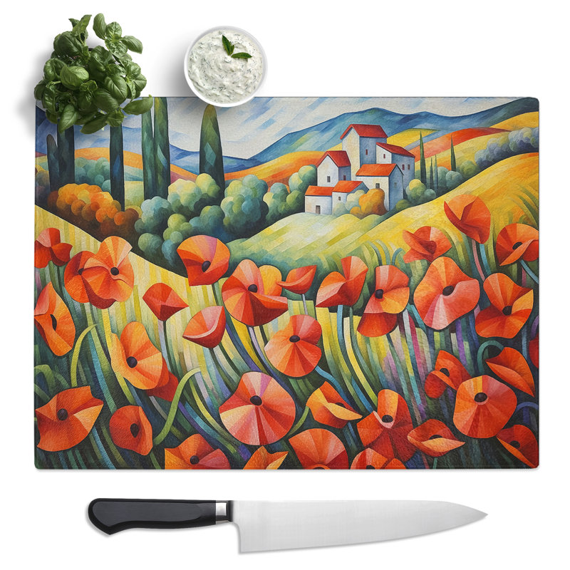 Poppy Field Cubism  Glass Chopping Board