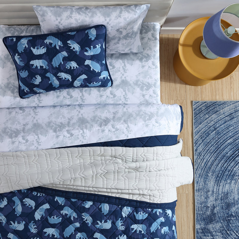 Navy Blue Microfiber Twin Kids Reversible Quilt Set