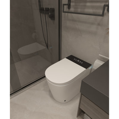 Toilette compacte intelligente avec siège de bidet intégré, conception sans réservoir moderne avec profondeur de 23,25 po, chasse d'eau à ouverture automatique, siège chauffant, séchoir à air chaud instantané pour les petites salles de bain, blanc avec panneau noir