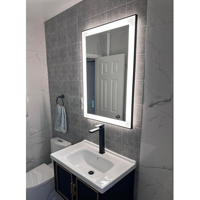 Modern LED Bathroom Mirror with Black Frame, Single Light Strip, Anti-Fog, Dimmable, Multiple Sizes