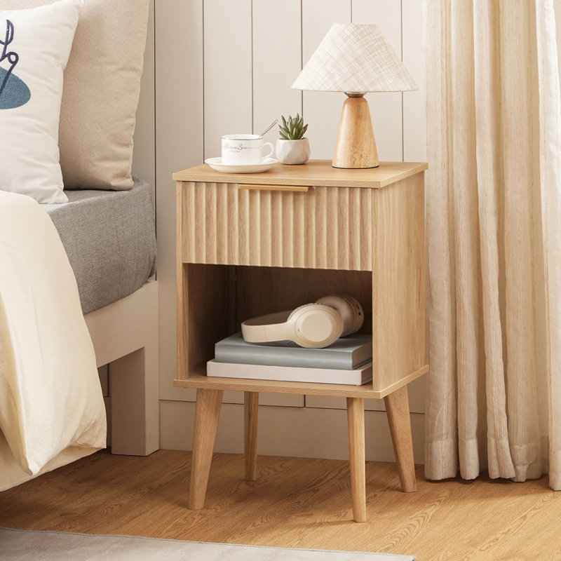 24" Fluted Nightstand with Drawer & Open Cubby,Wood nightstand, Brown