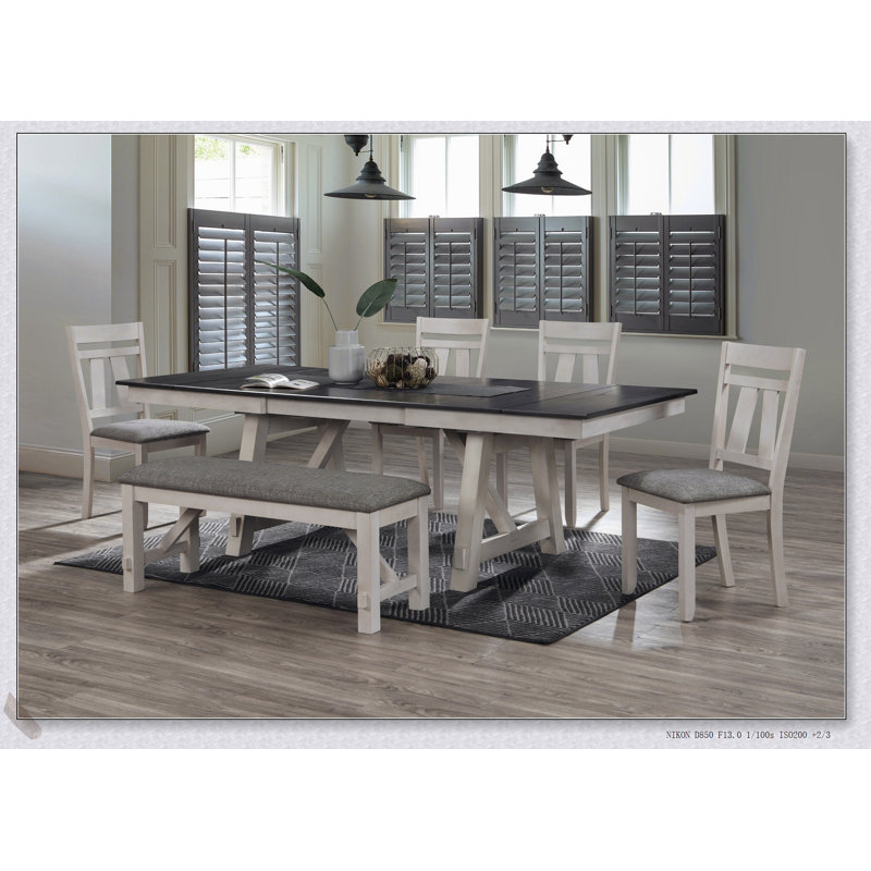 Ensemble de table de salle à manger extensible de style chalet 7 pièces avec finition bicolore gris craie, chaises rembourrées et feuilles de réfectoire à rangement automatique