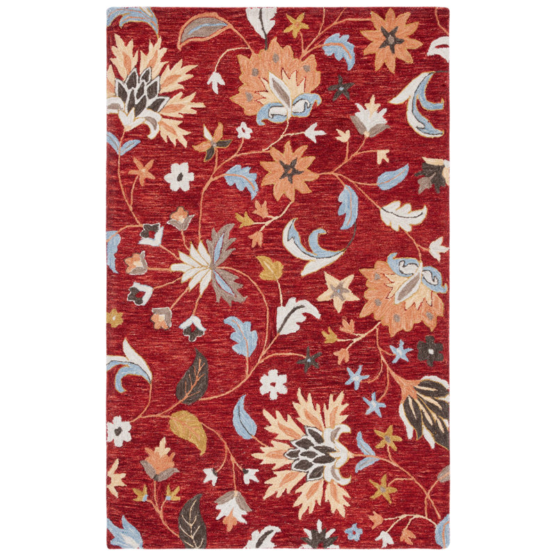 Handmade Red and Orange Floral Wool Area Rug, 5' x 8'