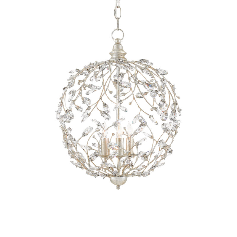 Crystal Bud 3 - Light Wrought Iron Dimmable Globe Chandelier, Silver Granello