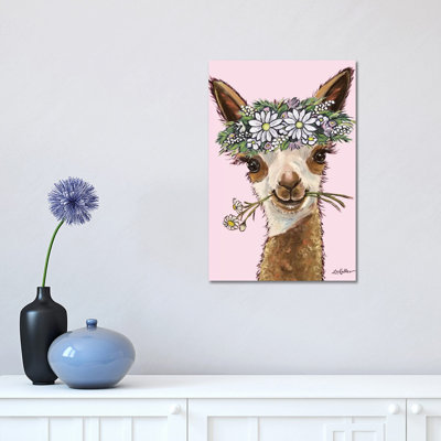Rosie The Alpaca With Daisieson Pink by Hippie Hound Studios - Wrapped Canvas Print