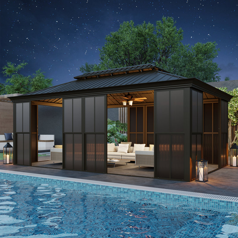 20 x 12 FT Outdoor Hardtop Sunroom Gazebo, Fully Enclosed Patio Solarium with Galvanized Steel Double Roof, Aluminum Frame, Lockable Sliding Doors & Slideable PE Screen Windows, All-Season Outdoor Gazebo for Backyard, Deck & Hot Tub