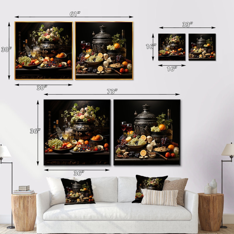 Worldly Symphony Fruit Cuisine - Ensemble de 2 collages carrés International Cuisine, Cadre flottant doré, H 36 po x l 73 po