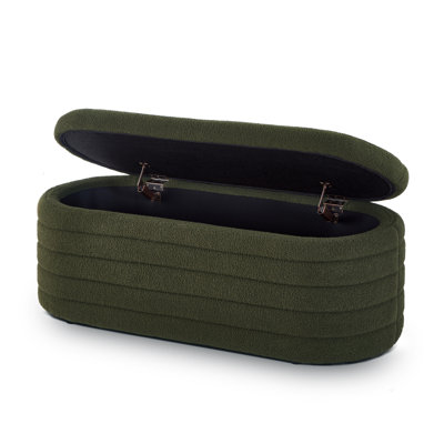 Modern Oval Storage Ottoman Bench, Upholstered Boucle Teddy Fabric End Of Bed Bench With Storage, End Of Bed Stool With Safety Hinge