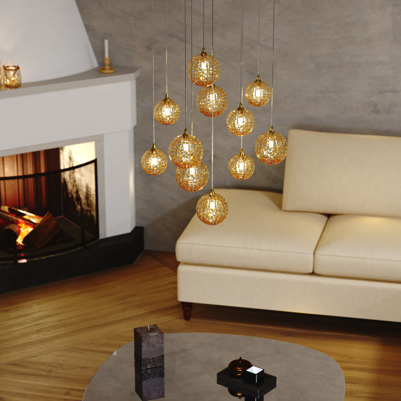 Breeze 11 Amber Glass Pendants Chandelier, Chrome, 84"